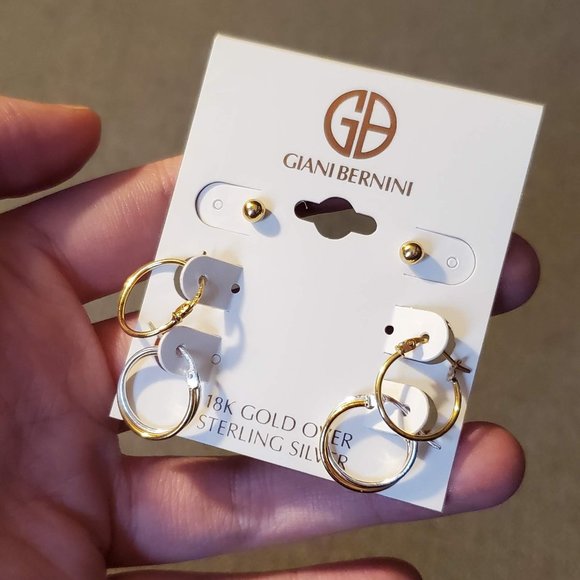 GIANI BERNINI 3PC. Set Small Hoop Ball Stud Earrings Sterling Silver & 18K Gold - Picture 5 of 8